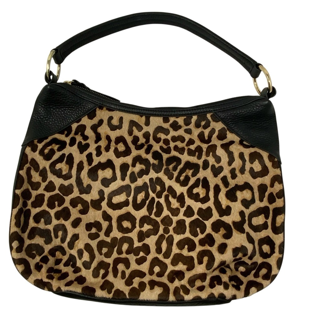 Margot Leopard Print Calf Hair and Black Tan Pebbled Leather Hobo Shoulder Bag